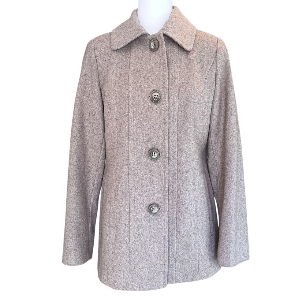 London Fog Pea Coat Women Size Small Taupe Wool Blend Button Front Point Collar